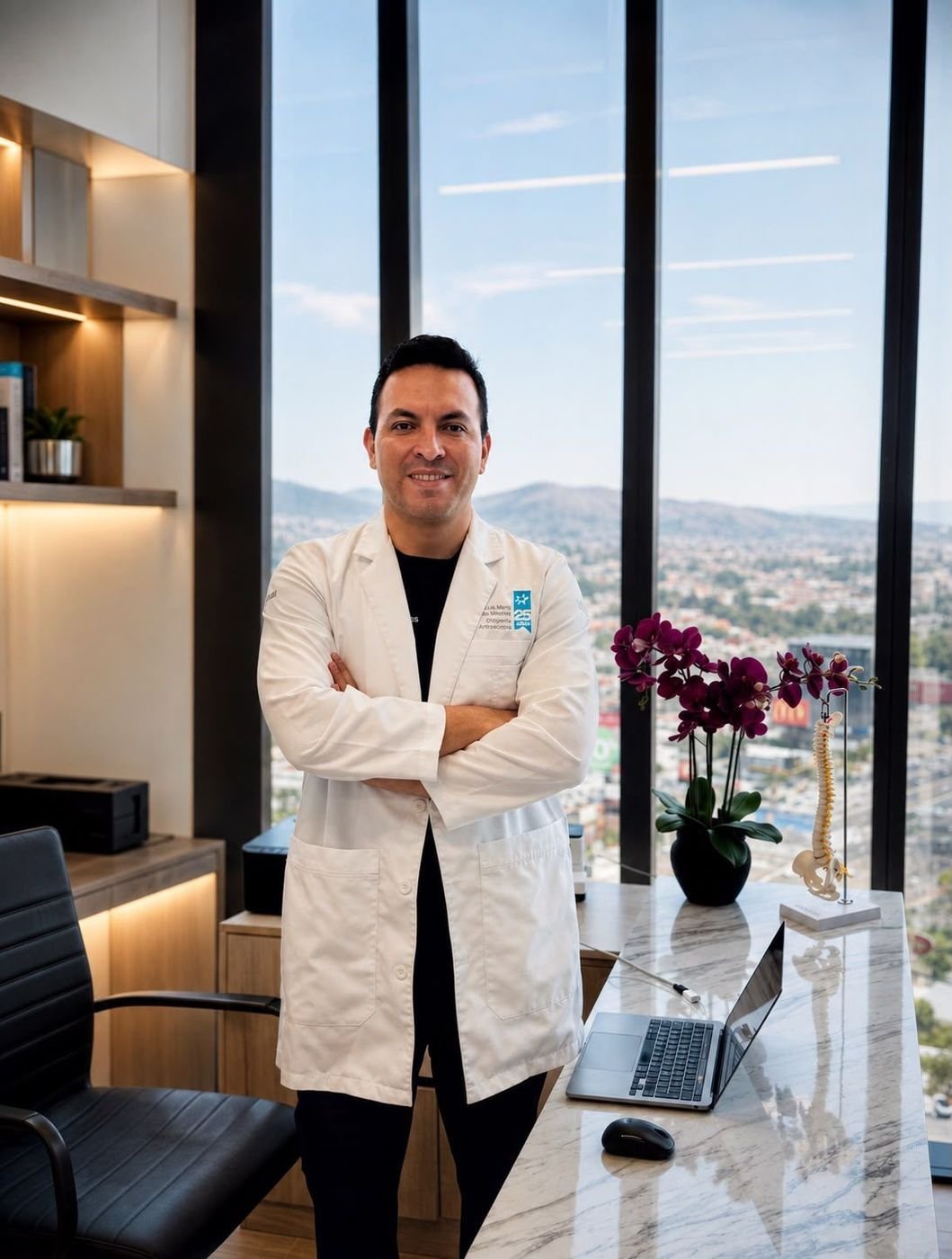 El Dr. Luis Mario Montes Jiménez con bata blanca en su consultorio, frente a un ventanal con vista a la ciudad